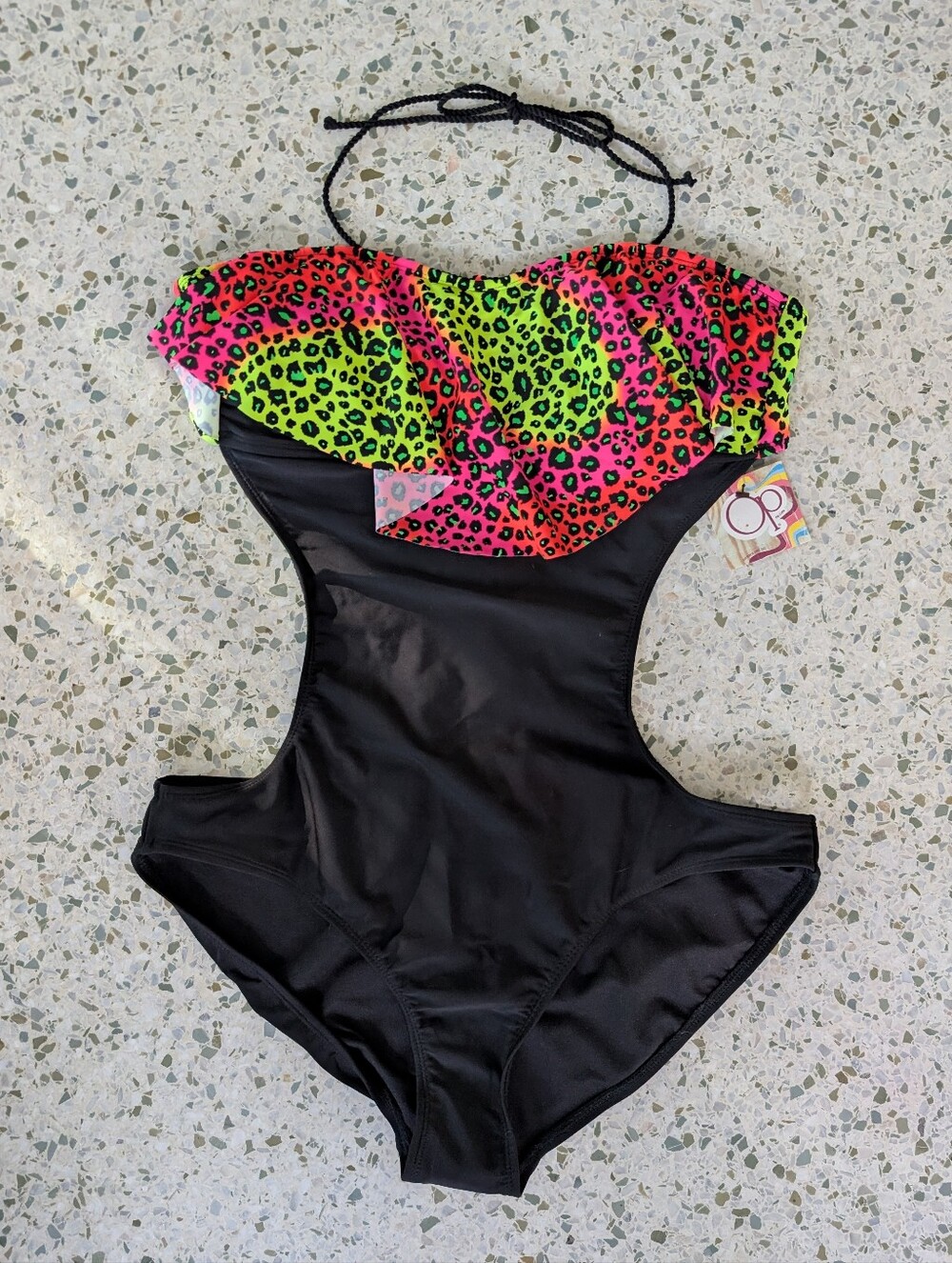 NWT OP Black One-Piece Open Side Swimsuit with Neon Leopard Ruffle
